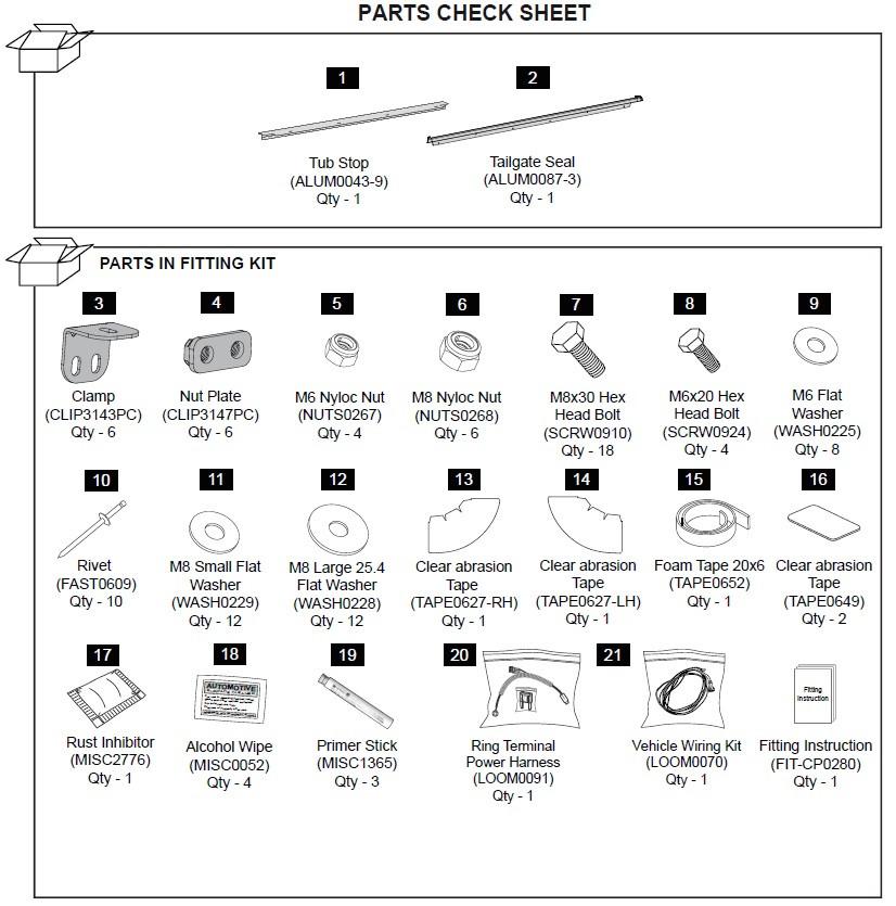 Toyota Hilux 2015 EGR Premium Canopy hardware fitting kit parts layout showing clamps, brackets, bolts, washers, seals, and wiring components