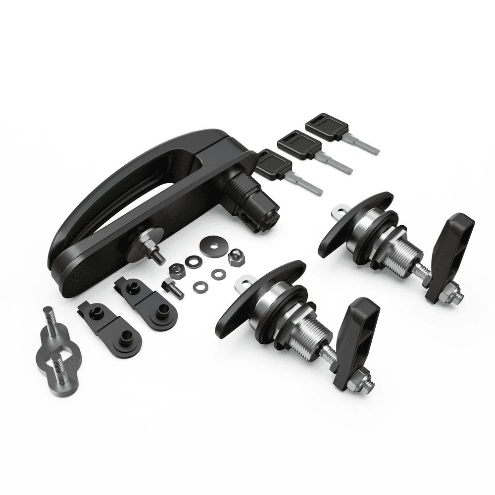 Remote locking full lock kit for EGR Premium canopy showing T-handle locks, rear door handle, keys, washers, and fitting components