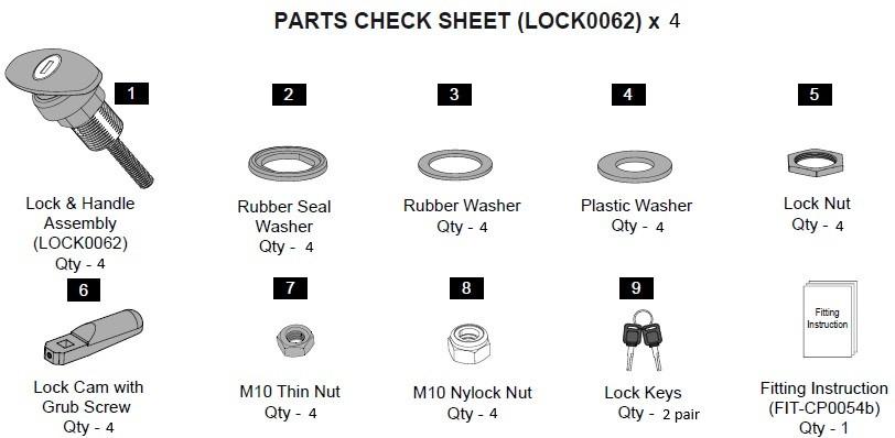 EGR Premium L/L canopy lock and handle assemblies with rubber seals, washers, lock nuts, keys, and mounting hardware