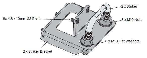 EGR load shield replacement striker bracket with mounting hardware including striker pins, nuts and washers