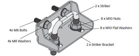 EGR load shield striker bracket assembly showing twin striker pins, mounting bracket, M10 nuts, flat washers, and bolt layout for secure canopy latch alignment