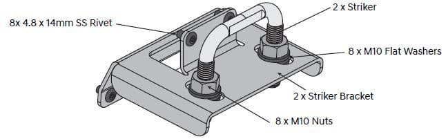 Load shield striker bracket assembly showing twin strikers, M10 nuts and washers, and stainless steel rivets for secure latch alignment