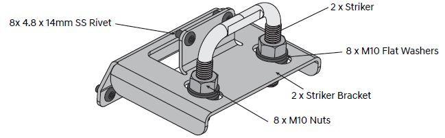 Load shield striker bracket assembly showing twin strikers, M10 nuts and washers, and stainless steel rivets for secure latch alignment