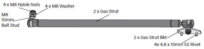Load shield gas strut with ball studs, nyloc nuts, washers, and rivets shown in exploded installation diagram
