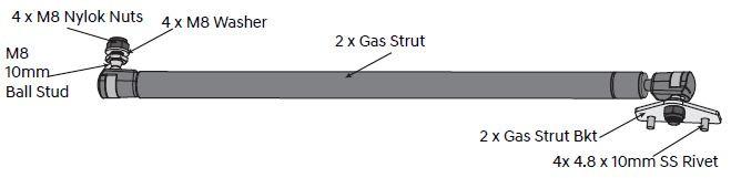 Load shield gas strut with ball studs, nyloc nuts, washers, and rivets shown in exploded installation diagram