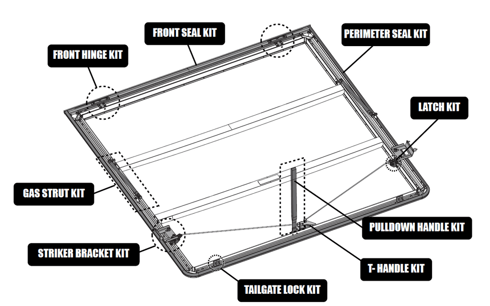 EGR load shield parts diagram highlighting tailgate lock tabs, gas struts, hinges, seals, striker brackets, and latch components for correct installation reference