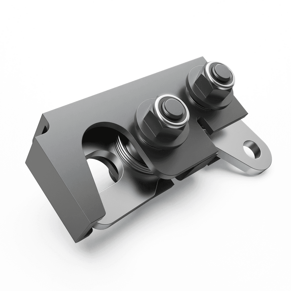 Load shield striker bracket assembly with dual striker pins, mounting plate, bolts, nuts, and washers for EGR load shield latch system