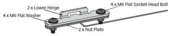 Load shield replacement gas strut assembly showing mounting hardware, ball studs, washers, nylock nuts, and rivets for EGR load shield support system