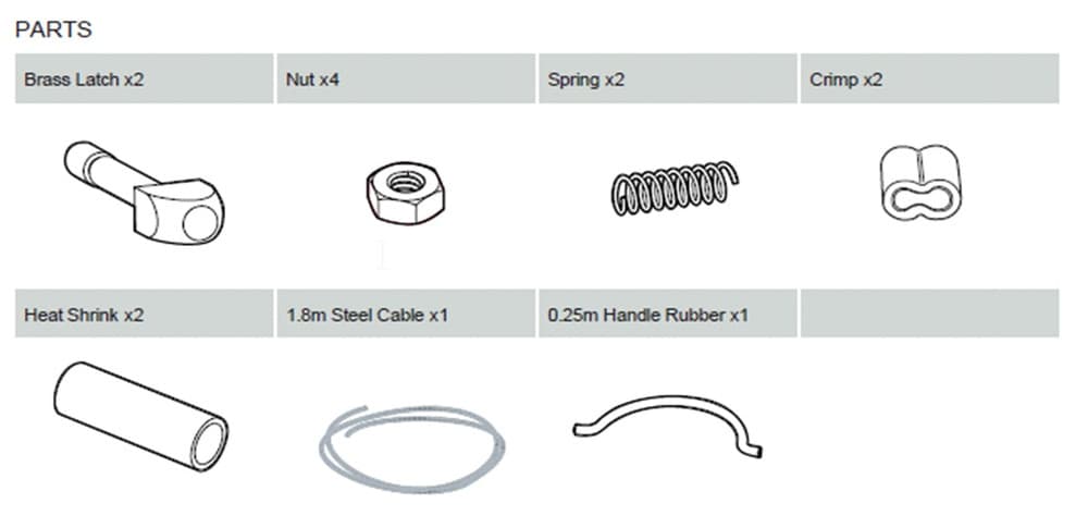 EGR soft tonneau replacement brass latch kit showing two brass latches, springs, nuts, cable, heat shrink and installation components