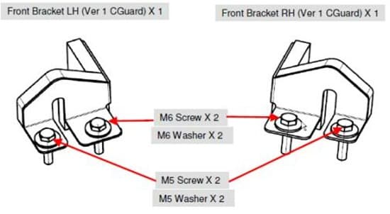 Front bracket left and right for EGR V1 cabin guard on Ford Ranger PX 2011–2022, showing mounting points with M5 and M6 screws and washers for secure installation