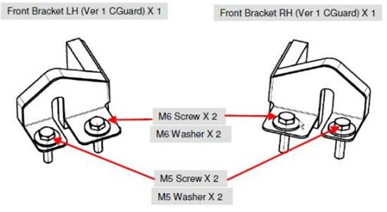 Front bracket left and right for EGR V1 cabin guard on Ford Ranger PX 2011–2022, showing mounting points with M5 and M6 screws and washers for secure installation