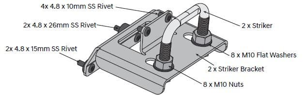 EGR load shield striker bracket assembly for Toyota Hilux A-Deck 2005–2014, showing twin striker posts, mounting plate, rivets, M10 nuts and flat washers for secure latch alignment