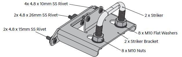 EGR load shield striker bracket assembly for Toyota Hilux A-Deck 2005–2014, showing twin striker posts, mounting plate, rivets, M10 nuts and flat washers for secure latch alignment