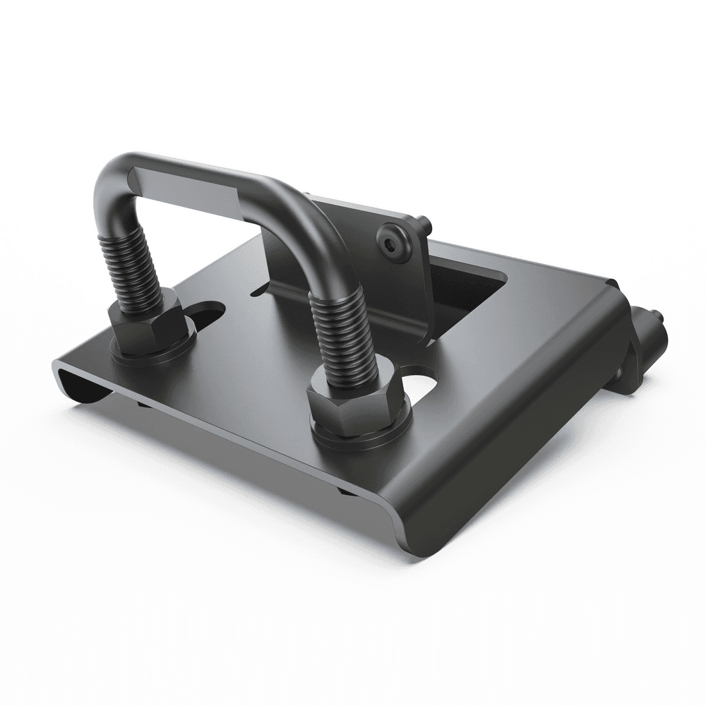EGR load shield striker bracket assembly for Toyota Hilux A-Deck 2005–2014, showing twin striker posts, mounting plate, rivets, M10 nuts and flat washers for secure latch alignment
