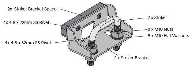 EGR load shield striker bracket assembly for Toyota Hilux 2015-Onwards J-Deck, showing twin striker brackets, spacers, bolts, washers and mounting hardware