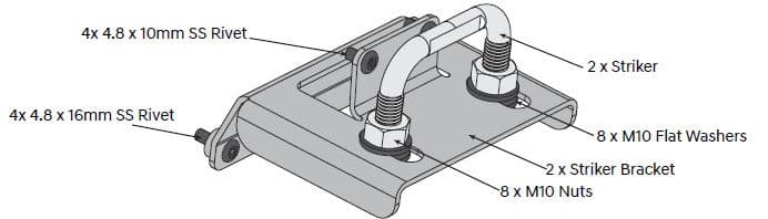 Load shield striker bracket assembly for Toyota Hilux J-Deck 2015 onwards, showing EGR striker brackets, spacers, M10 nuts, flat washers and stainless steel rivets for secure latch alignment