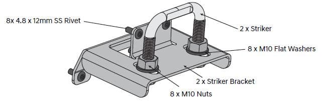 EGR load shield striker bracket assembly for Toyota Hilux 2015-onwards J-Deck, showing dual striker posts, mounting brackets, nuts, washers, and stainless steel rivets