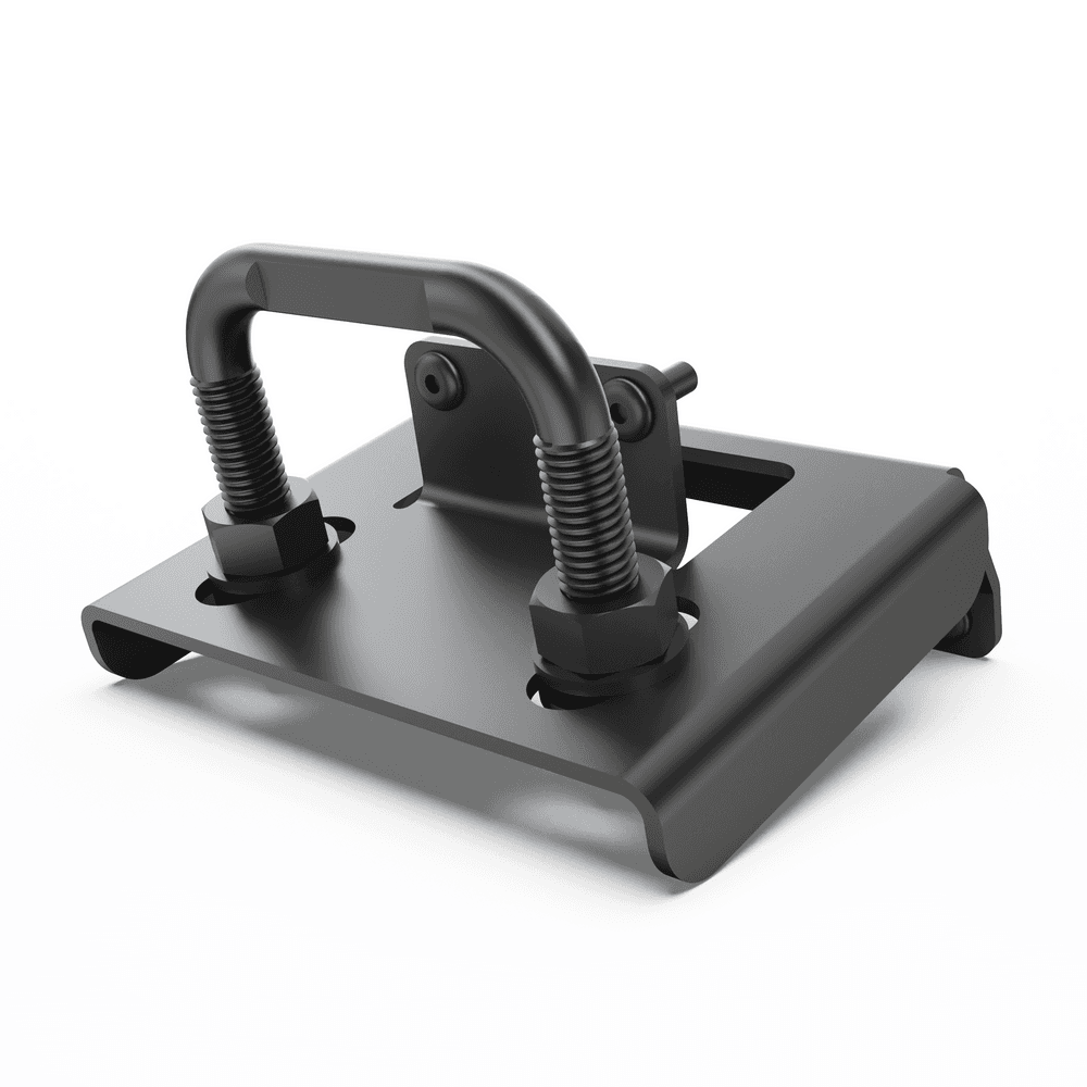 EGR load shield striker bracket assembly for Toyota Hilux 2015-onwards J-Deck, showing dual striker posts, mounting brackets, nuts, washers, and stainless steel rivets