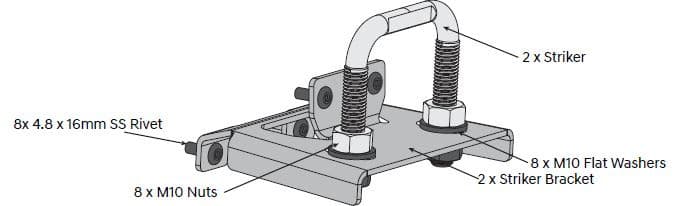 Load shield striker bracket assembly for Mercedes X-Class 2018-onwards, showing twin strikers, mounting plate, washers and nuts for EGR load shield latch alignment