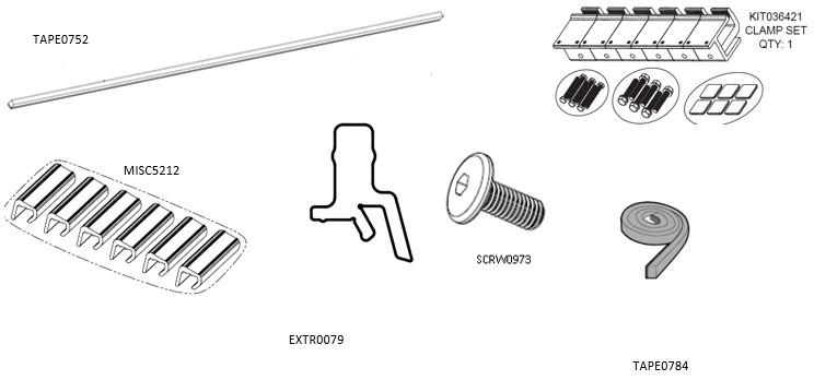 EGR RollTrac Re-fit Kit #2 components including clamps, foam sealing tape, side rail rubber perimeter seals and refit hardware for EGR RollTrac tonneau cover installation