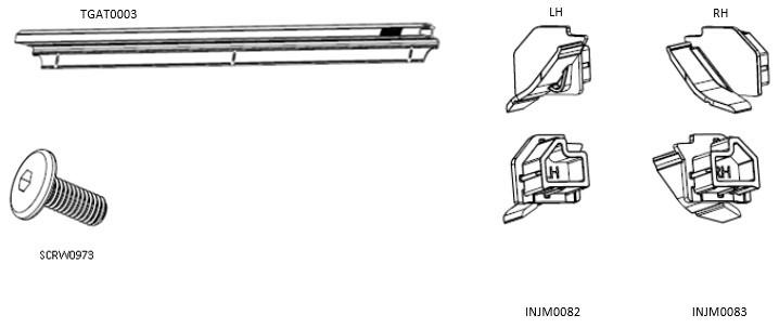 EGR RollTrac replacement tailgate rail kit showing aluminium tailgate rail extrusion with left and right end caps, mounting fasteners, and foam sealing tape for secure RollTrac installation