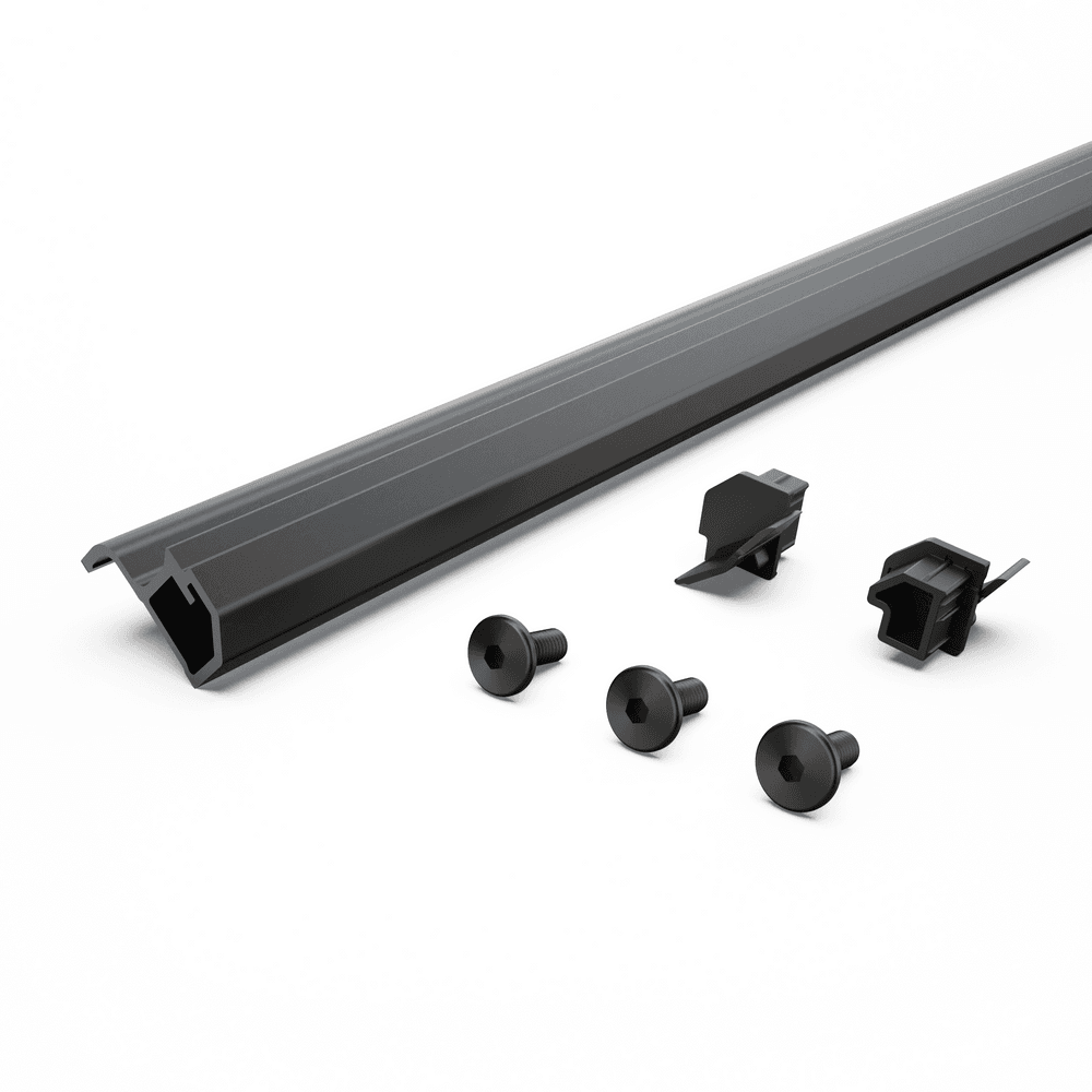 EGR RollTrac replacement tailgate rail kit showing aluminium tailgate rail extrusion with left and right end caps, mounting fasteners, and foam sealing tape for secure RollTrac installation