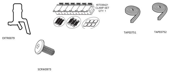 Volkswagen Amarok 2010 EGR RollTrac re-fit kit components including clamps, foam tape, side rail rubber seals, fasteners, and mounting hardware for RollTrac cover reinstallation