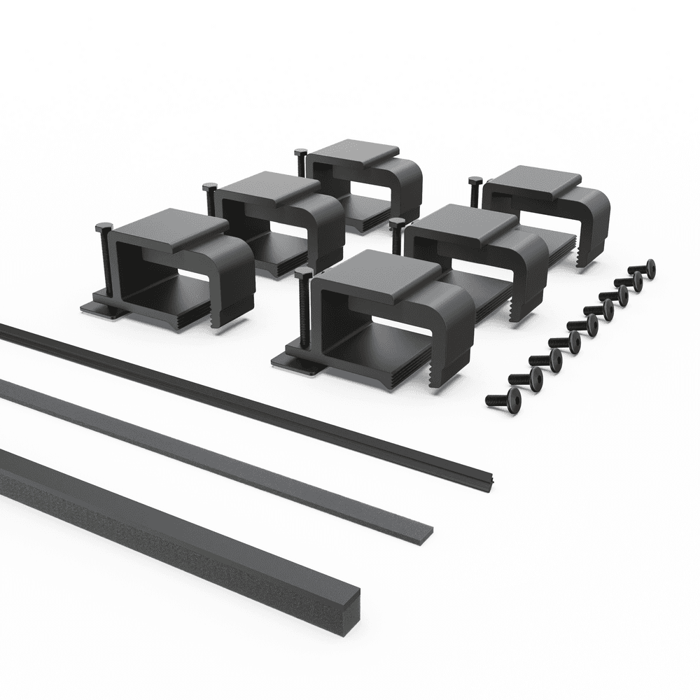 Volkswagen Amarok 2010 EGR RollTrac re-fit kit components including clamps, foam tape, side rail rubber seals, fasteners, and mounting hardware for RollTrac cover reinstallation