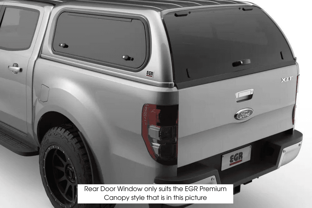 EGR Premium Canopy rear door with centre handle installed on ute, showing upgraded full rear door design for improved access and secure fit