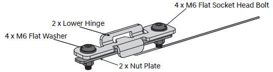 EGR Load Shield striker bracket assembly for Toyota Hilux 2015-onwards J-Deck, showing twin strikers, mounting brackets, nuts, washers, and rivets for secure latch alignment