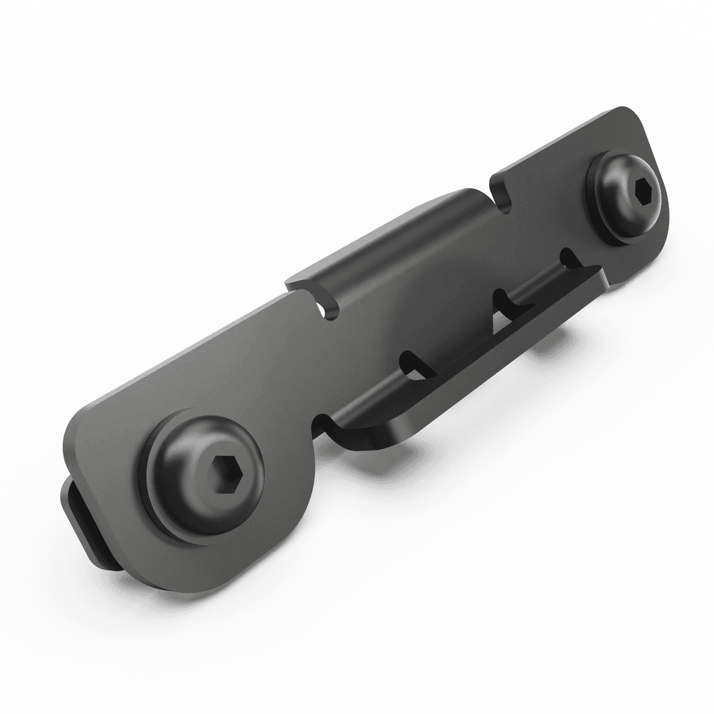 EGR Load Shield striker bracket assembly for Toyota Hilux 2015-onwards J-Deck, showing twin strikers, mounting brackets, nuts, washers, and rivets for secure latch alignment