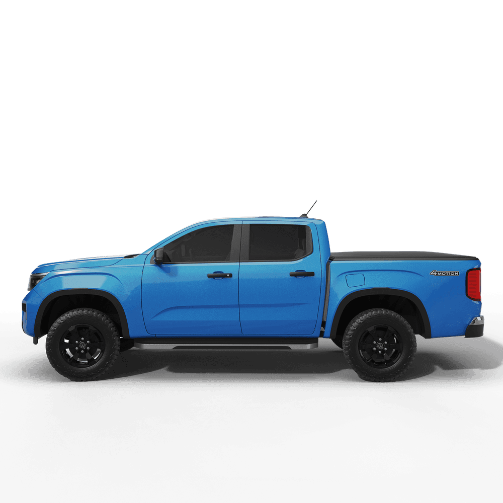 Side view of Volkswagen Amarok NF 2023 Double Cab Life with EGR soft tonneau cover installed on open deck without sports bars