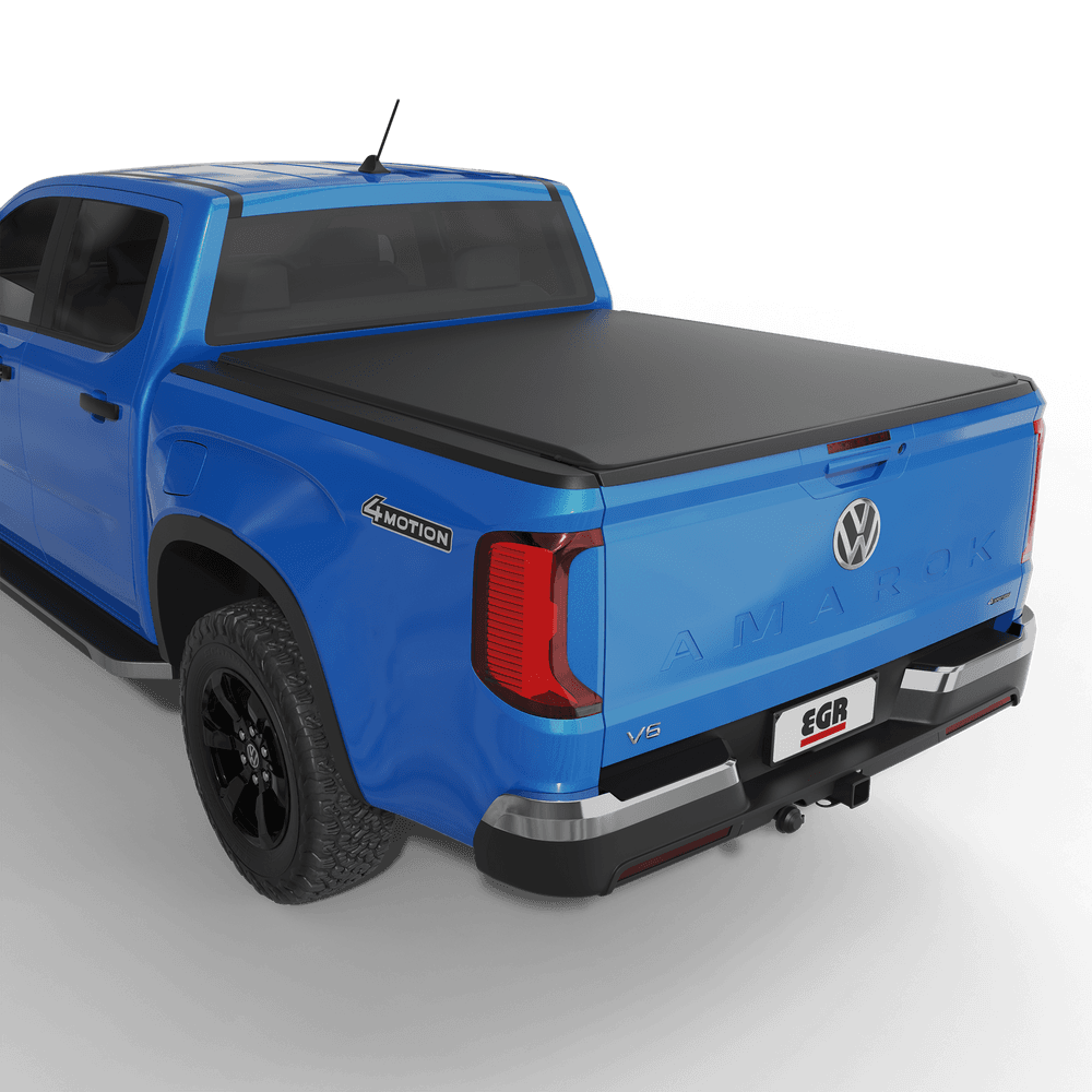 Volkswagen Amarok NF 2023 Double Cab Life fitted with EGR soft tonneau cover on open deck, showing rear and tailgate view with cover installed