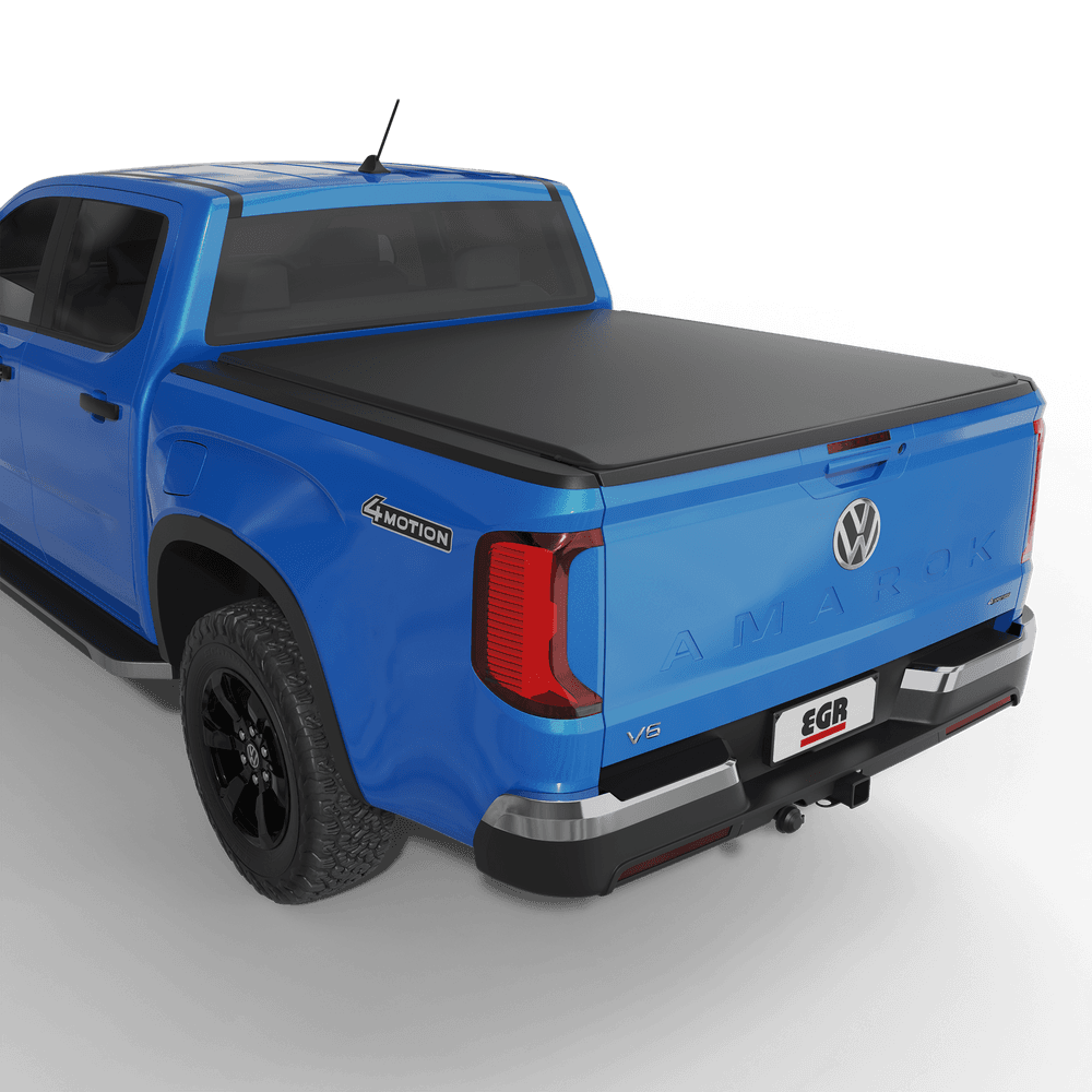 Volkswagen Amarok NF 2023 Double Cab Life fitted with EGR soft tonneau cover on open deck, showing rear and tailgate view with cover installed
