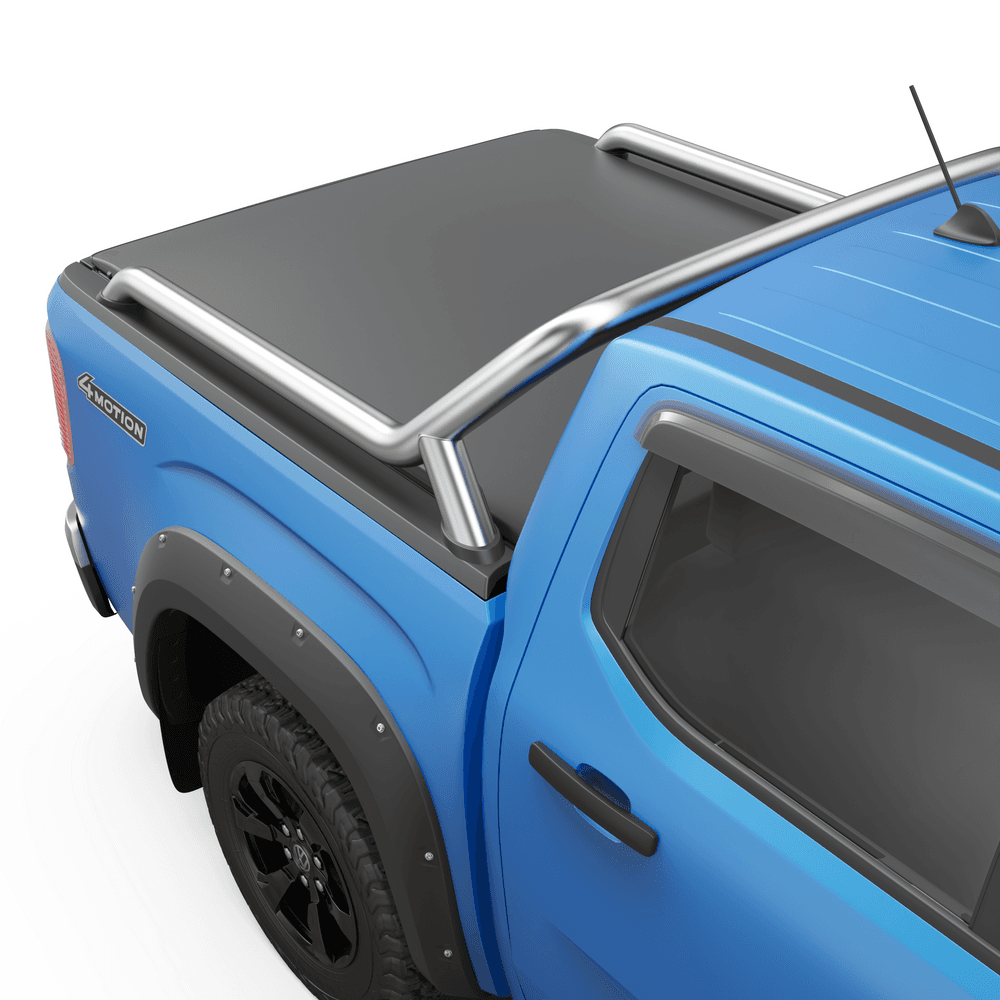 Close-up of EGR Soft Tonneau Cover on Amarok NF 2023 showing weather-resistant vinyl and snug fit around long-arm sports bar
