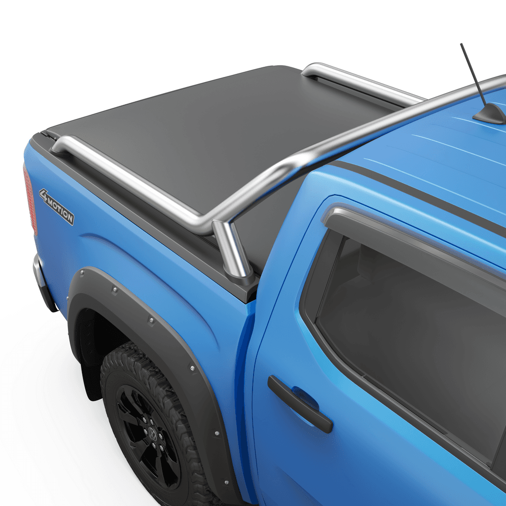 Close-up of EGR Soft Tonneau Cover on Amarok NF 2023 showing weather-resistant vinyl and snug fit around long-arm sports bar