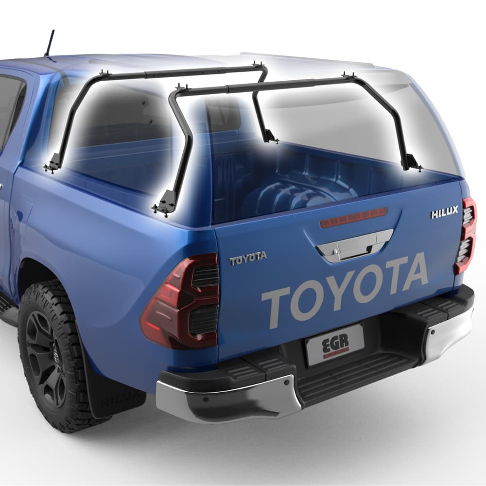 EGR Gen3 canopy roof rack system installed on Toyota Hilux 2015 canopy, showing heavy duty internal support frame and roof-mounted track compatibility