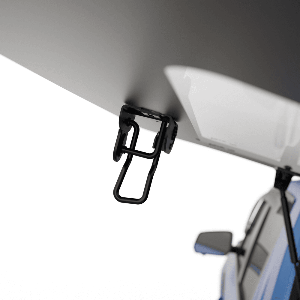 Close-up of EGR Gen3 canopy lift window stay mechanism inside canopy, showing secure latch holding window partially open