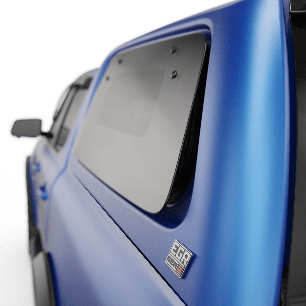 EGR Gen3 canopy lift window stay installed on lift-up side window, holding window open in pop-out position for ventilation