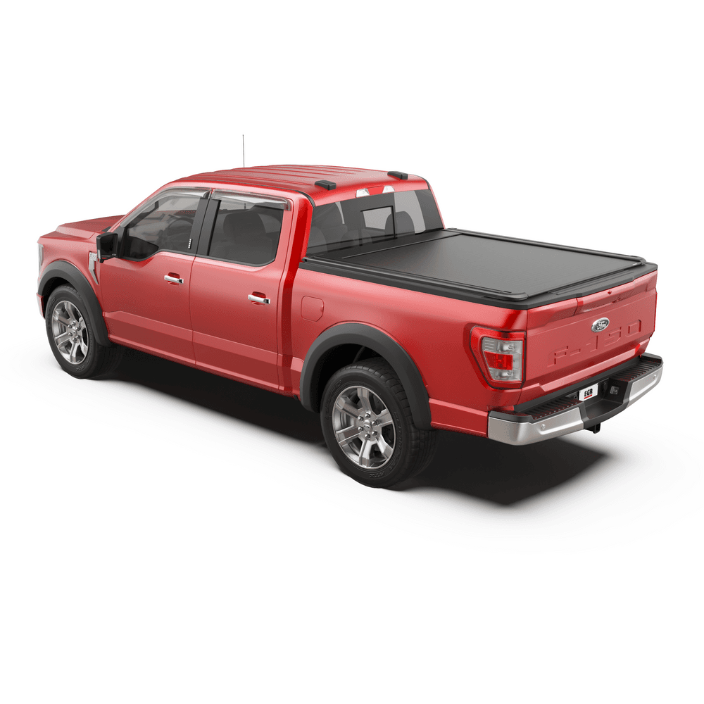 Ford F150 with EGR RollTrac Electric E3 partially open, showing smooth electric operation and secure tub access