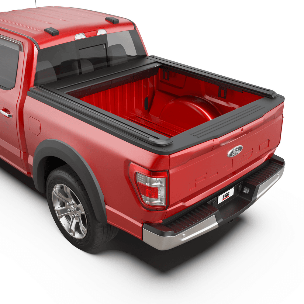 Close-up of EGR RollTrac Electric E3 aluminium slats on Ford F150, featuring black powder-coated finish and secure locking system