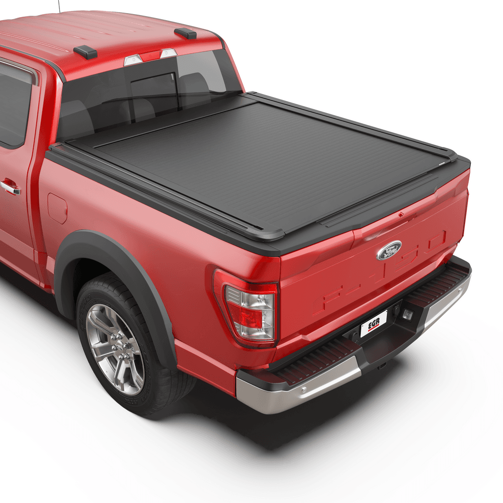 Ford F150 fitted with EGR RollTrac Electric E3 roller tonneau cover, showing secure aluminium slat design and low-profile finish