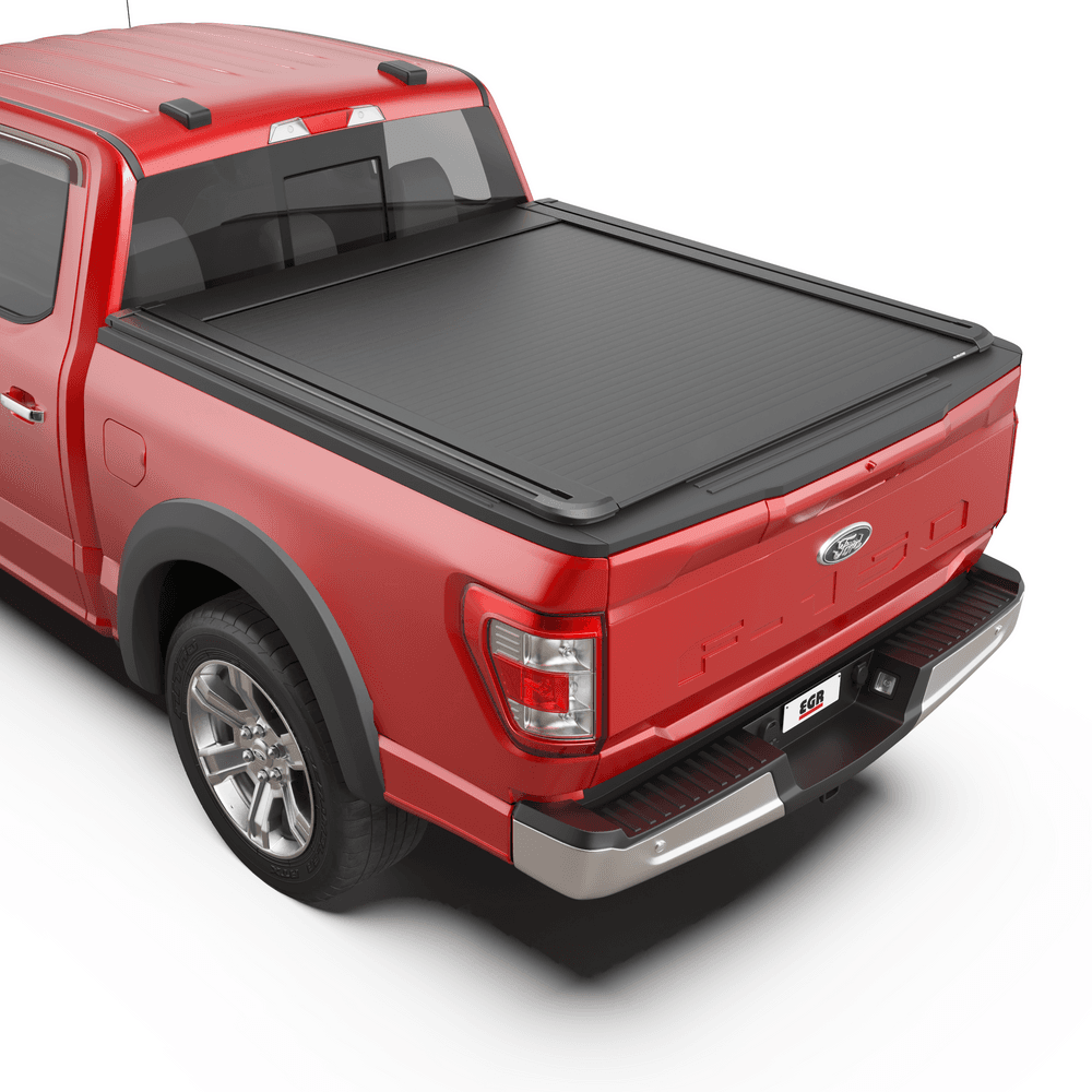 Ford F150 fitted with EGR RollTrac Electric E3 roller tonneau cover, showing secure aluminium slat design and low-profile finish