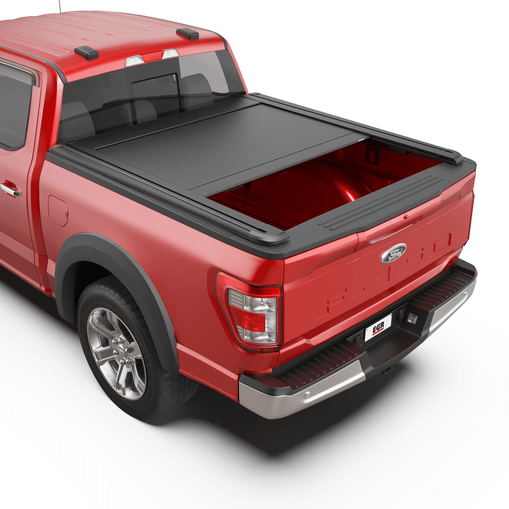 EGR RollTrac Electric E3 closed on Ford F150 2018-onwards, highlighting weatherproof aluminium roller cover and tailgate fitment