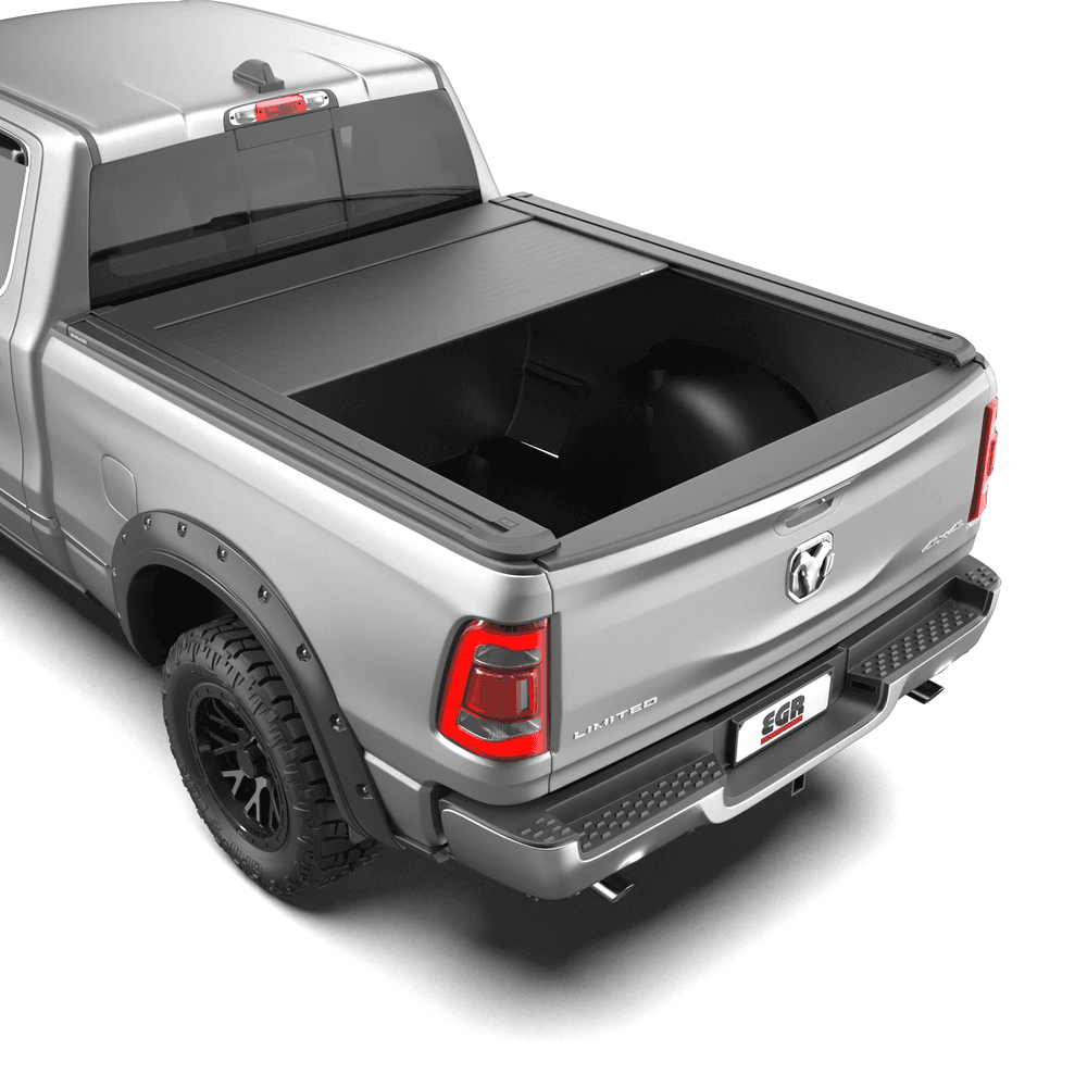 EGR RollTrac Electric E3 installed on RAM DT 1500 2020-onwards, showing secure aluminium roller tonneau cover with low-profile black finish