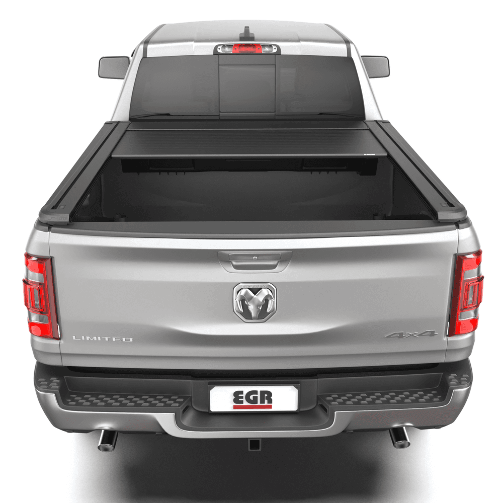EGR RollTrac Electric E3 installed on RAM DT 1500 2020-onwards, showing secure aluminium roller tonneau cover with low-profile black finish