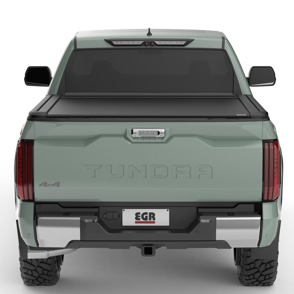 Rear view of Toyota Tundra RollTrac Electric E3 tonneau cover, showing secure locking system and clean tub integration