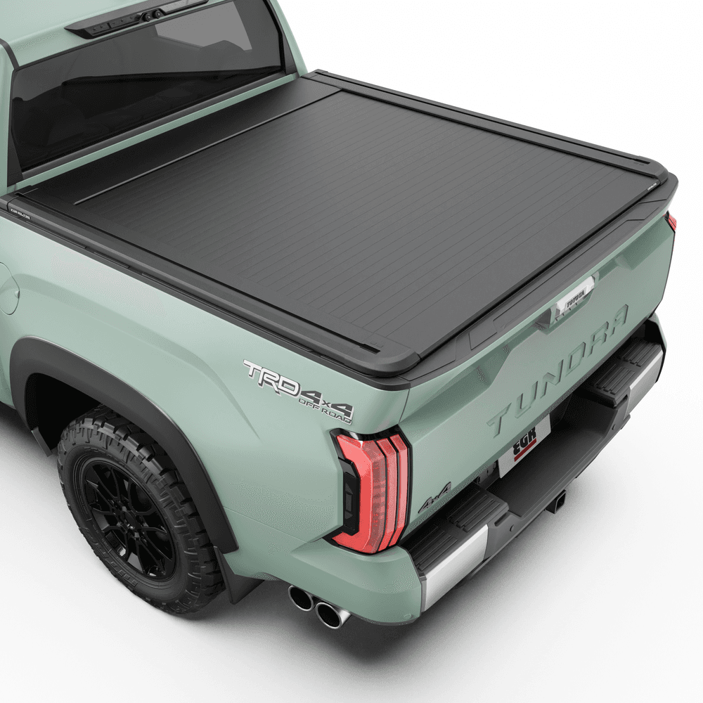 EGR RollTrac Electric E3 electric roller tonneau cover fitted on Toyota Tundra 5.5ft bed, showcasing low-profile aluminium slat design with black powder-coated finish