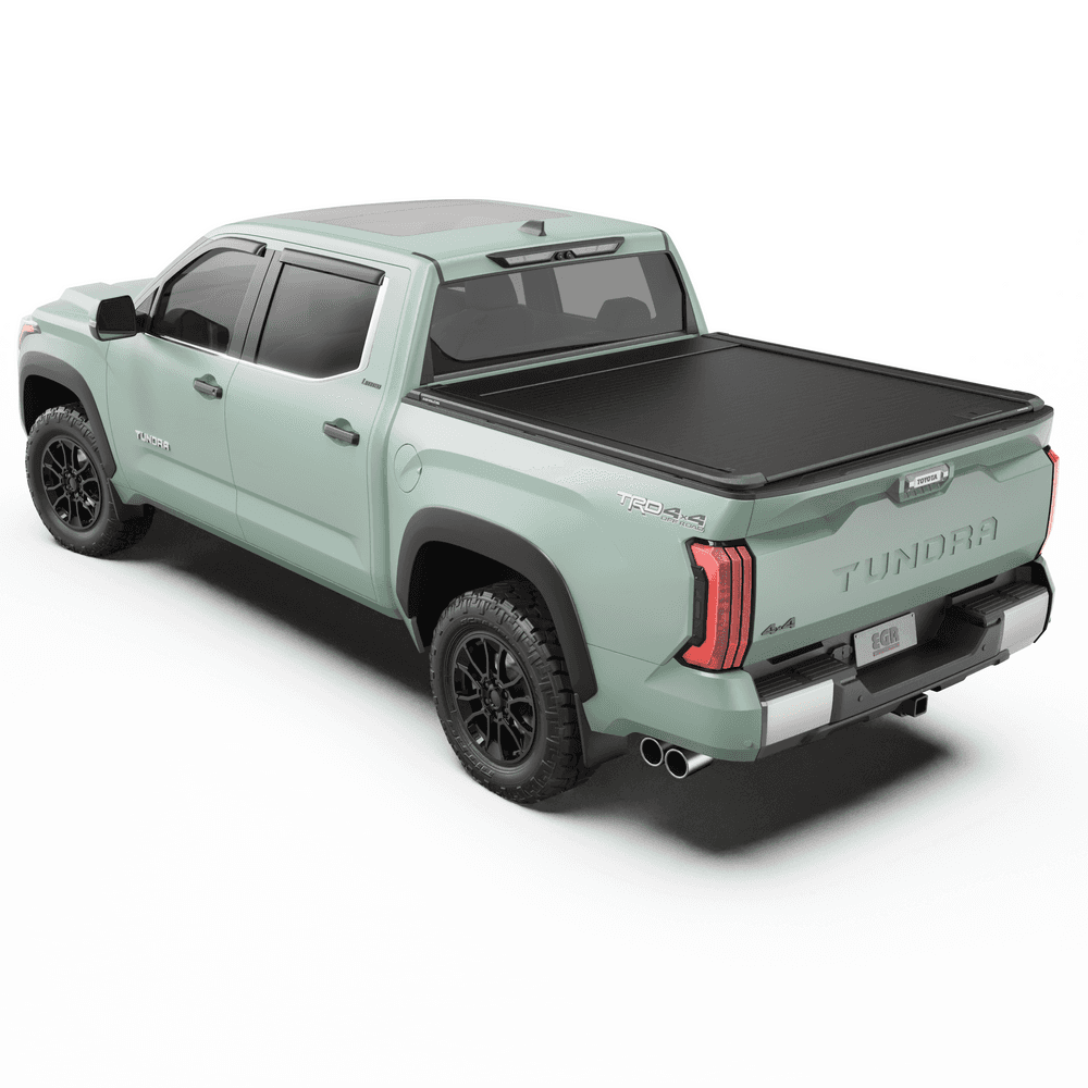 EGR RollTrac Manual roller cover partially open on Toyota Tundra 2024, showing smooth manual operation and locking aluminium slats