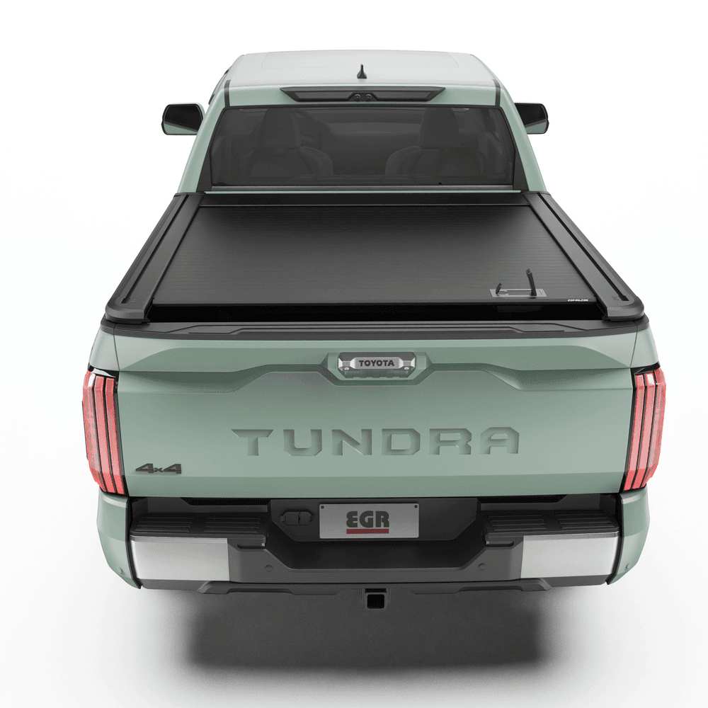 Toyota Tundra 2024 fitted with EGR RollTrac Manual tonneau cover, showcasing secure aluminium roller slat design and clean factory-style integration